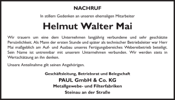 Traueranzeige von Helmut Walter Mai 
