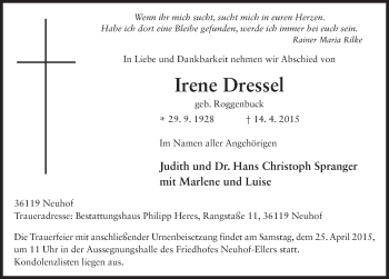 Traueranzeige von Irene Dressel 