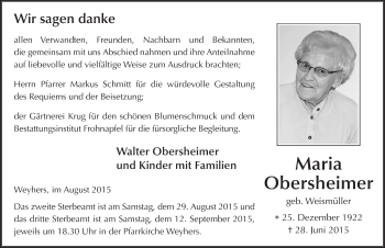 Traueranzeige von Maria Obersheimer 