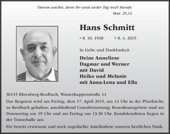 Traueranzeige von Hans Schmitt 