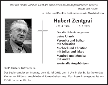 Traueranzeige von Hubert Zentgraf 