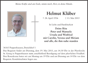 Traueranzeige von Helmut Klüber 