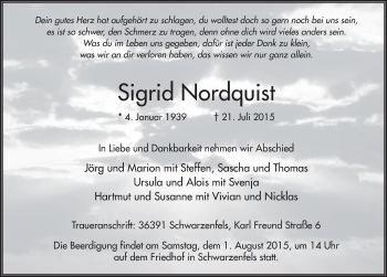 Traueranzeige von Sigrid Nordquist 