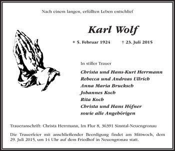 Traueranzeige von Karl Wolf 