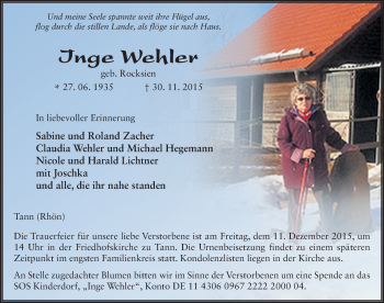 Traueranzeige von Inge Wehler 