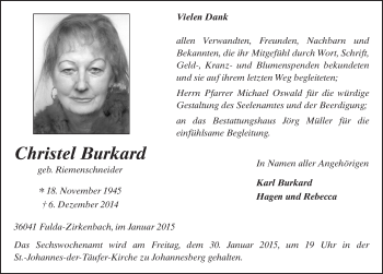 Traueranzeige von Christel Burkard 