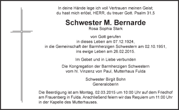Traueranzeige von Schwester M Bernarde 