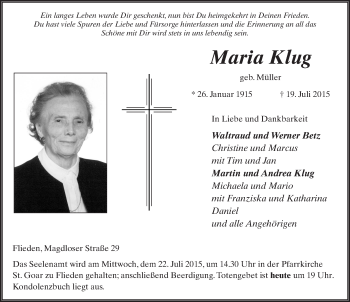 Traueranzeige von Maria Klug 