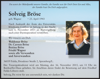 Traueranzeige von Solveig Bröse 