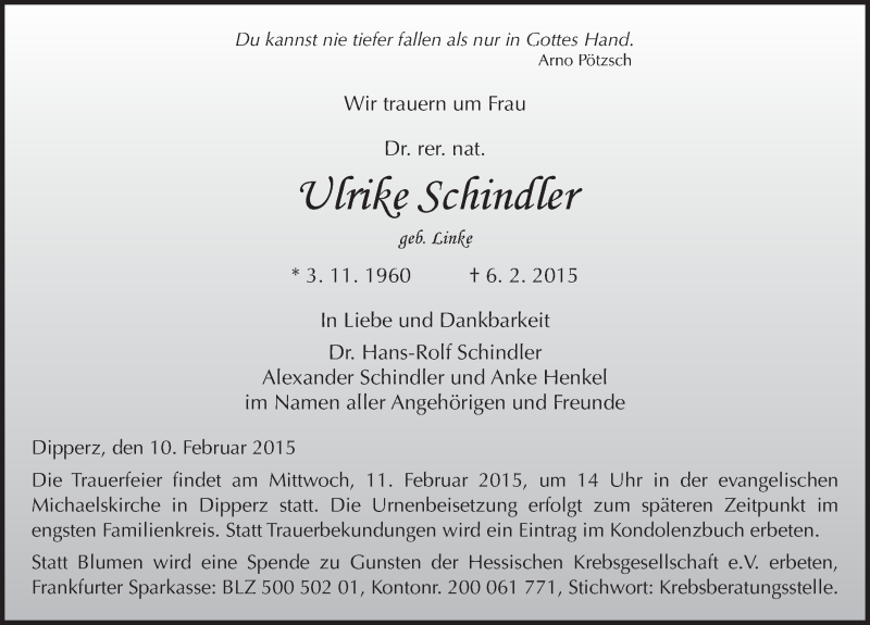  Traueranzeige für Ulrike Schindler vom 10.02.2015 aus 