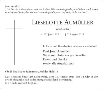 Traueranzeige von Lieselotte Aumüller 