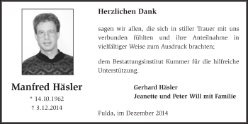 Traueranzeige von Manfred Häsler 