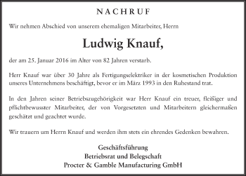 Traueranzeige von Ludwig Knauf 