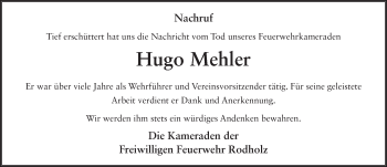 Traueranzeige von Hugo Mehler 