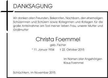 Traueranzeige von Christa Foemmel 