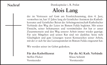 Traueranzeige von Alois Lang 