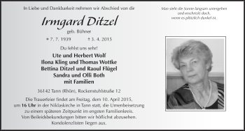Traueranzeige von Irmgard Ditzel 