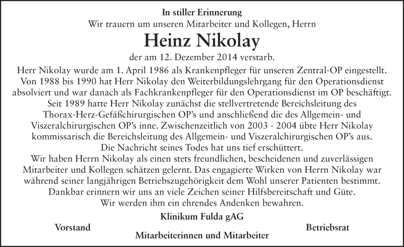  Traueranzeige für Heinz Nikolay vom 29.12.2014 aus 
