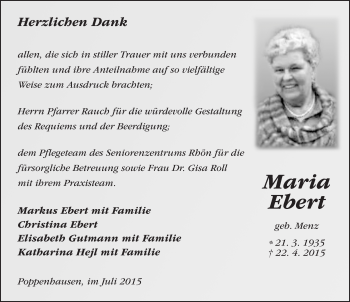 Traueranzeige von Maria Ebert 