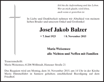 Traueranzeige von Josef Jakob Balzer 