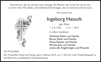 Traueranzeige von Ingeborg Hassolt 