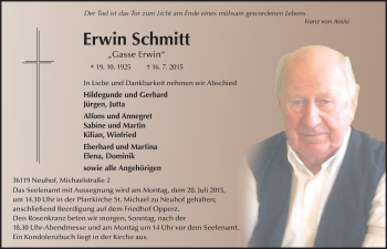 Traueranzeige von Erwin Schmitt 