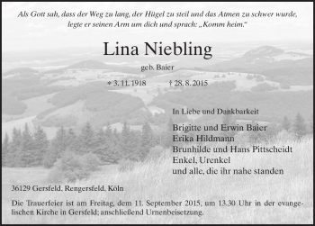 Traueranzeige von Lina Niebling 