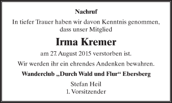 Traueranzeige von Irma Kremer 