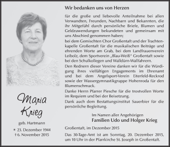 Traueranzeige von Maria Krieg 
