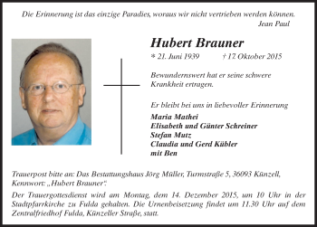 Traueranzeige von Hubert Brauner 