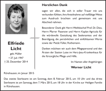 Traueranzeige von Elfriede Licht 