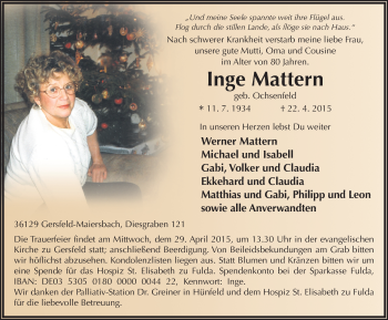 Traueranzeige von Inge Mattern 