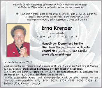 Traueranzeige von Erna Krenzer 