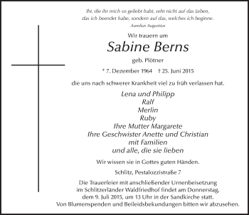 Traueranzeige von Sabine Berns 