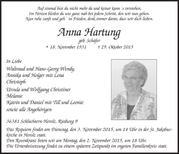 Traueranzeige von Anna Hartung 