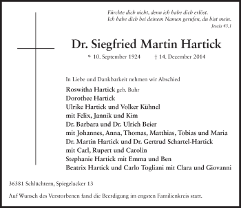Traueranzeige von Dr. Siegfried Martin Hartick 