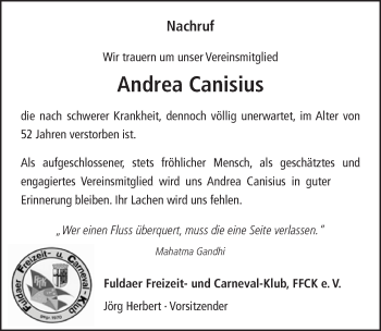 Traueranzeige von Andrea Canisius 
