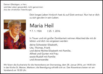 Traueranzeige von Maria Heil 