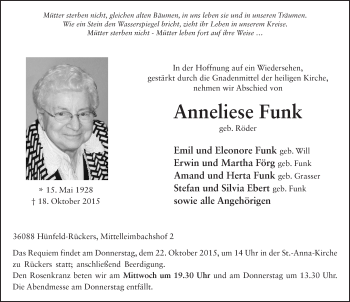 Traueranzeige von Anneliese Funk 
