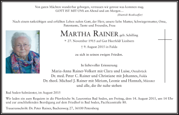 Traueranzeige von Martha Rainer 