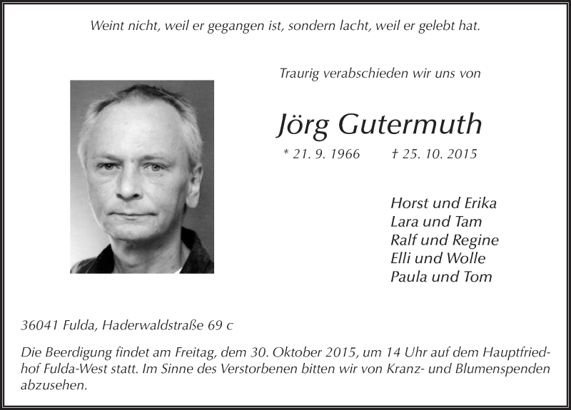  Traueranzeige für Jörg Gutermuth vom 28.10.2015 aus 