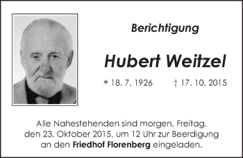 Traueranzeige von Hubert Weitzel 