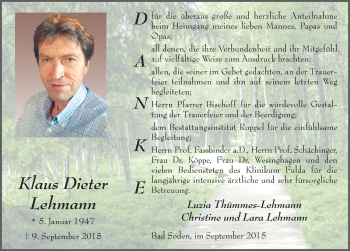 Traueranzeige von Klaus Dieter Lehmann 