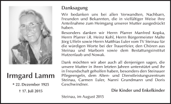 Traueranzeige von Irmgard Lamm 