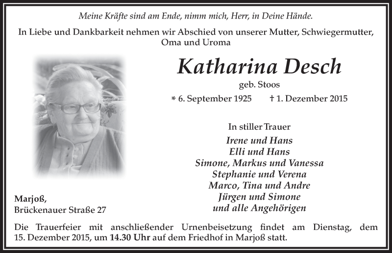  Traueranzeige für Katharina Desch vom 11.12.2015 aus 