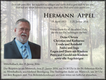 Traueranzeige von Hermann Appel 