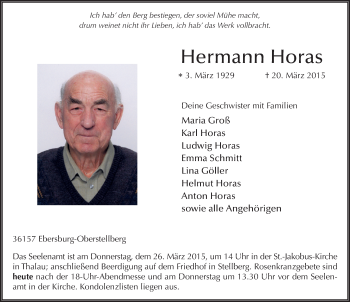 Traueranzeige von Hermann Horas 