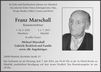 Traueranzeige von Franz Marschall 