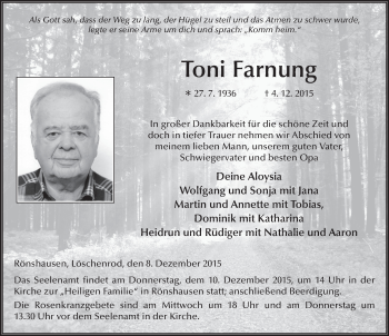 Traueranzeige von Toni Farnung 