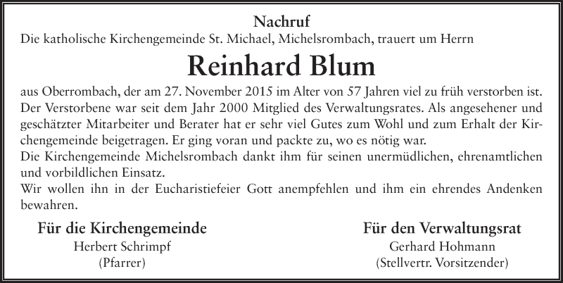  Traueranzeige für Reinhard Blum vom 02.12.2015 aus 